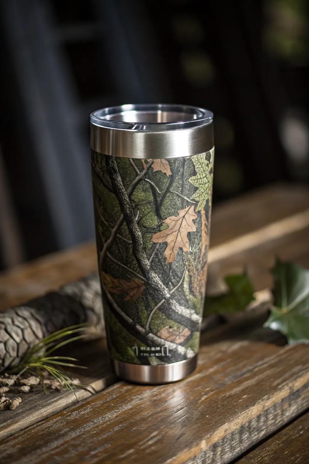 Elevate your game with this rugged camo tumbler, perfect for stealth enthusiasts.