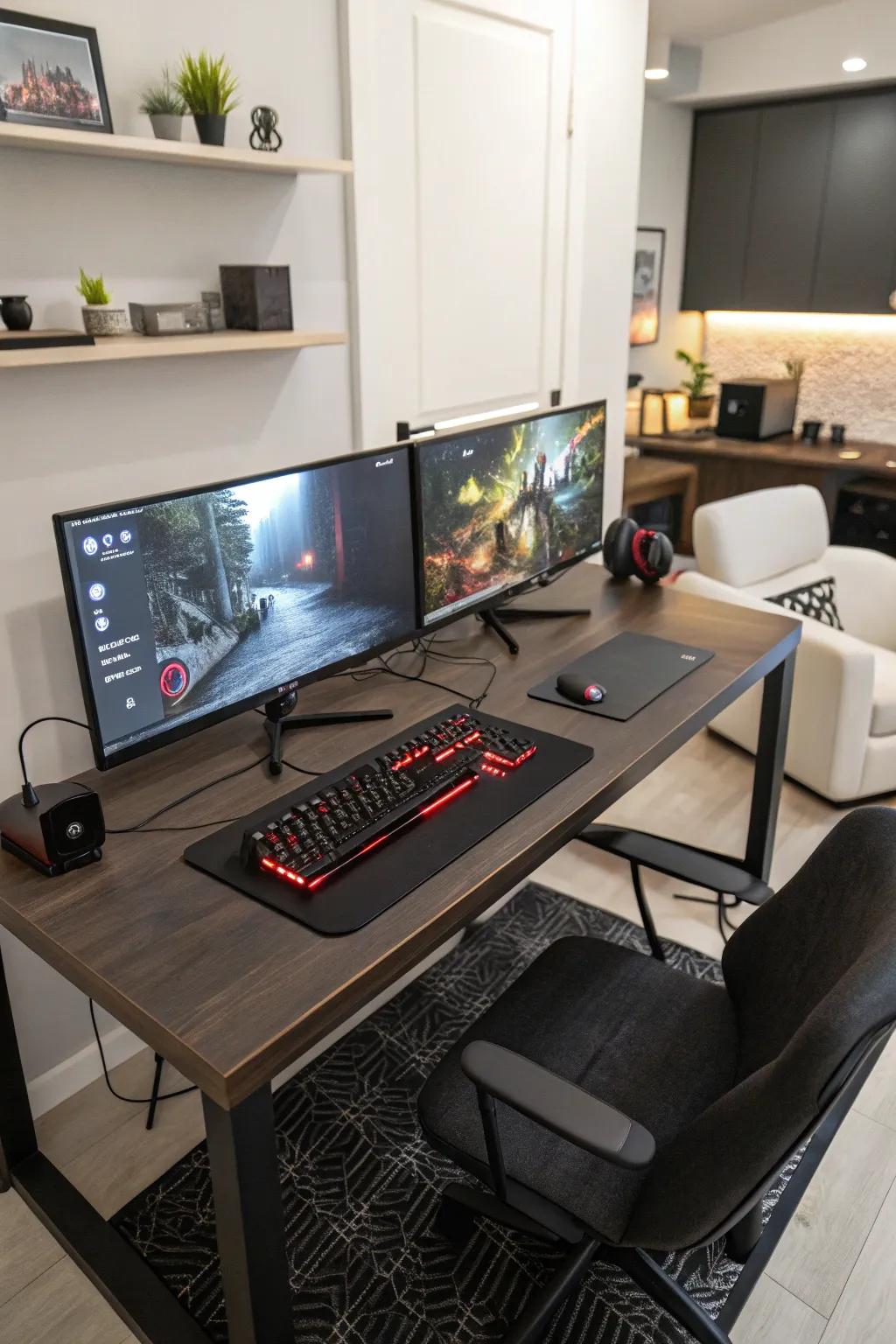 A dual monitor setup that enhances both gaming and productivity in a stylish setting.