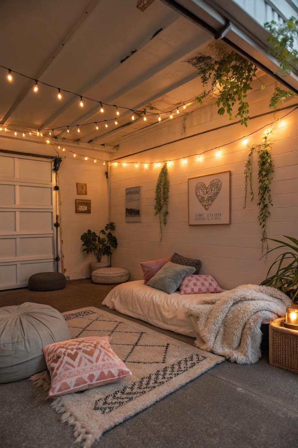 Ambient lighting sets a tranquil mood in a garage bedroom.