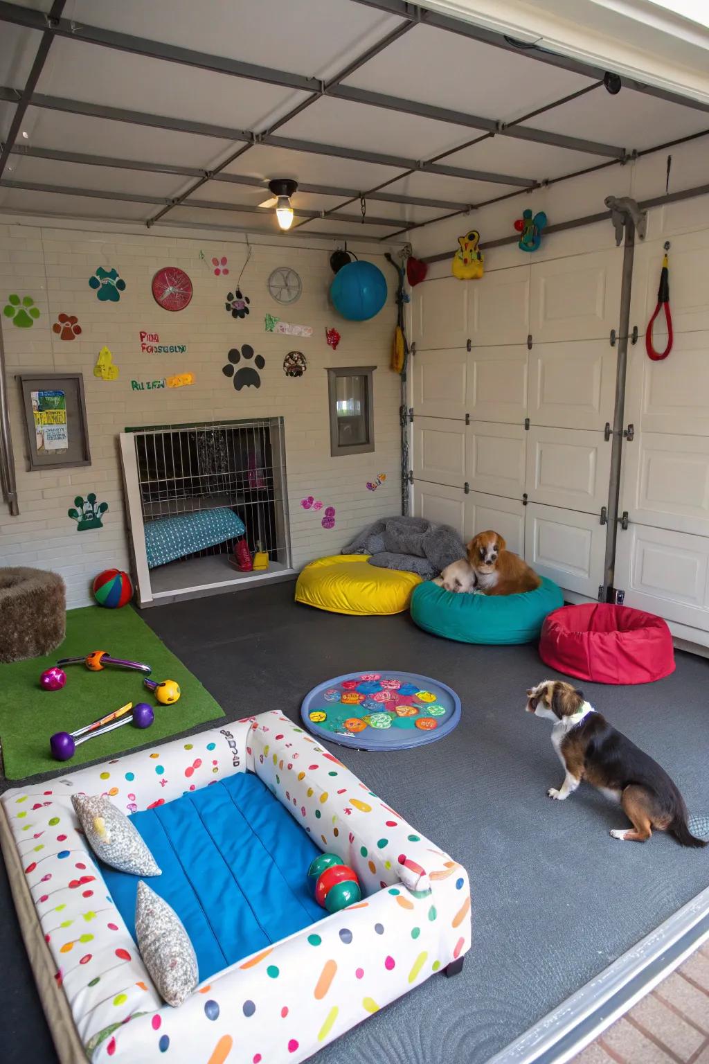 A delightful pet paradise designed within a converted garage.