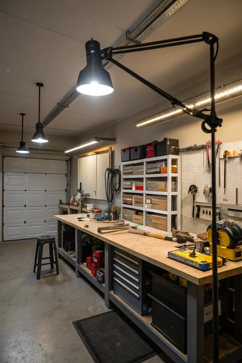 Track lighting offers adjustable illumination for highlighting specific garage areas.