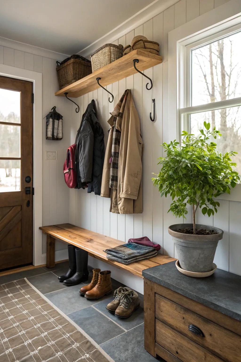 Greenery adds a fresh, inviting touch to a garage mudroom.