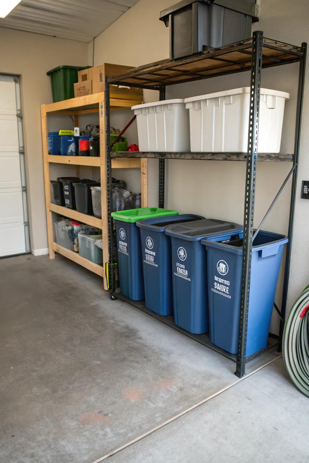 A rack keeps recycling bins organized and off the floor.