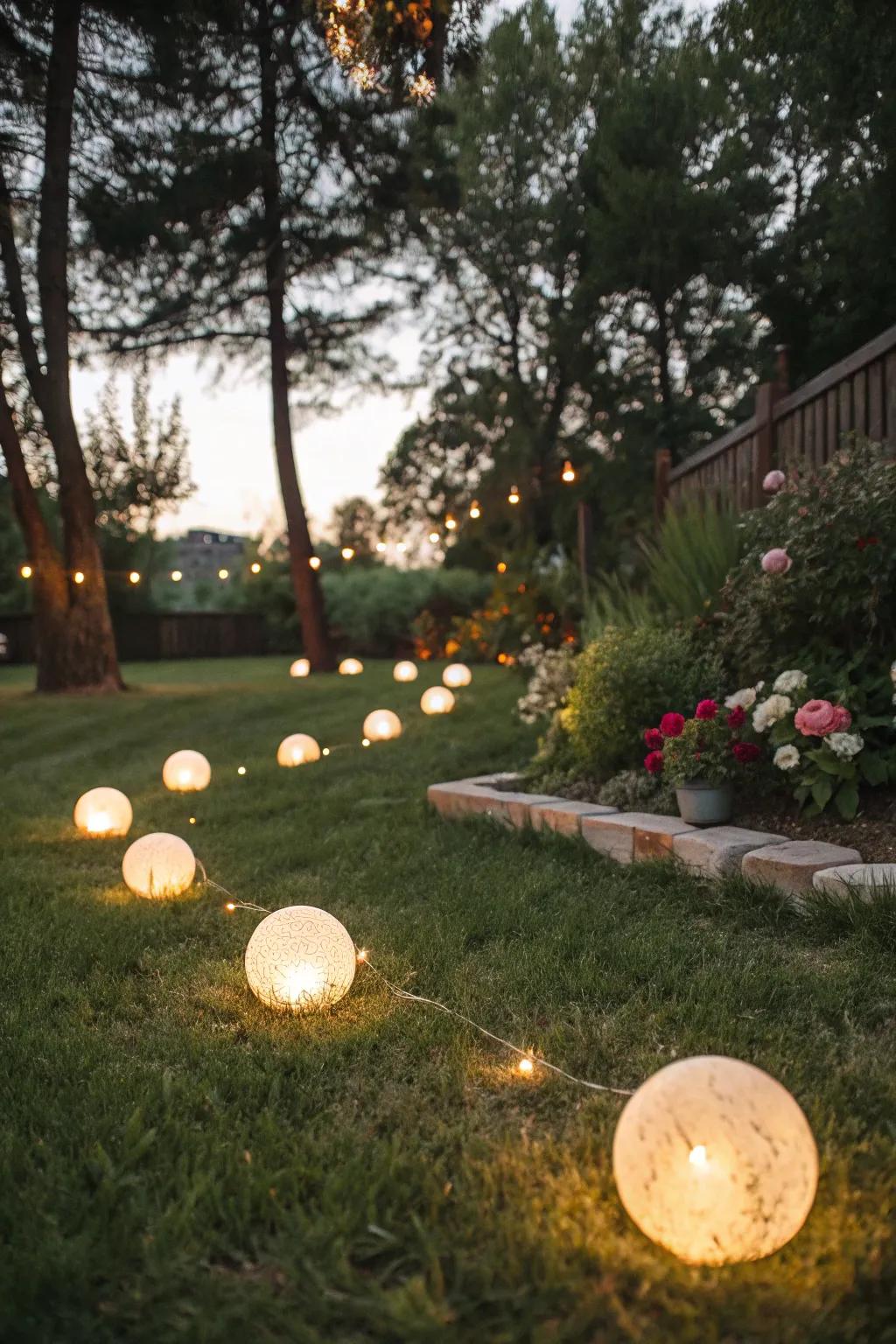 Globe lights provide festive charm to garden lawns.