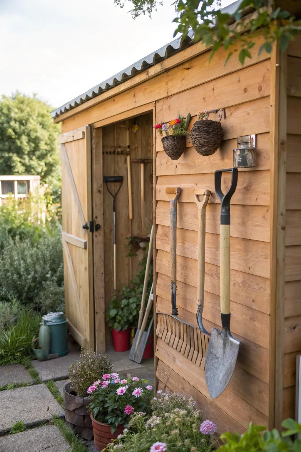 Hooks on the exterior of a shed provide additional storage without cluttering the inside.