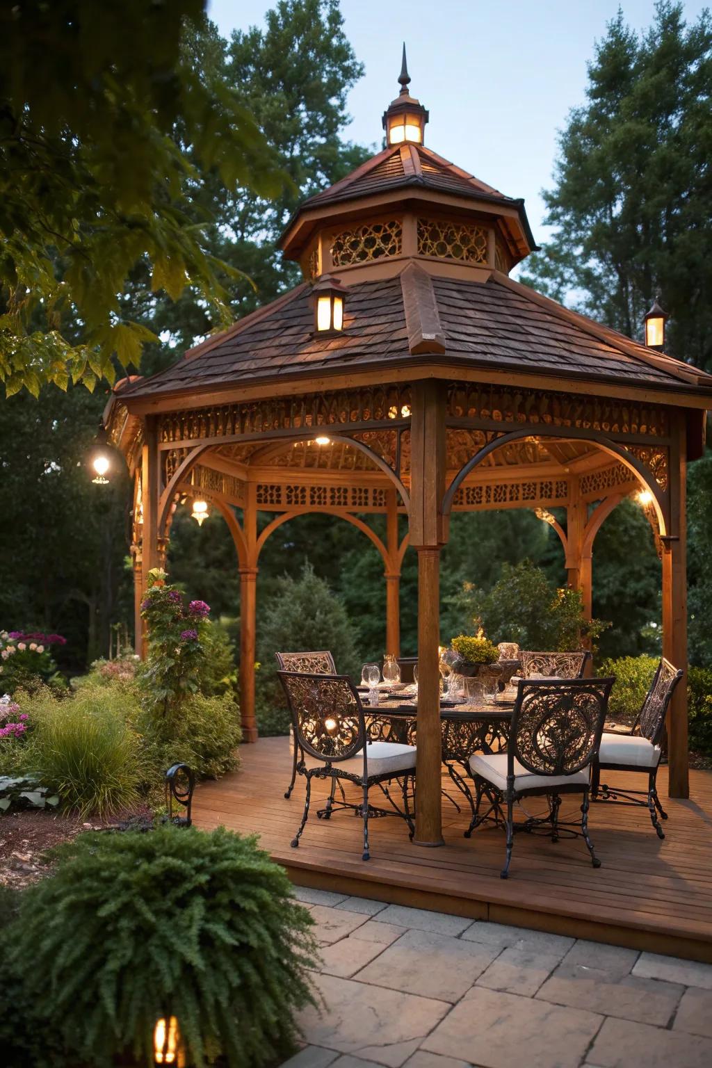 Dine in style under a masterfully crafted gazebo, perfect for unforgettable dinner parties.