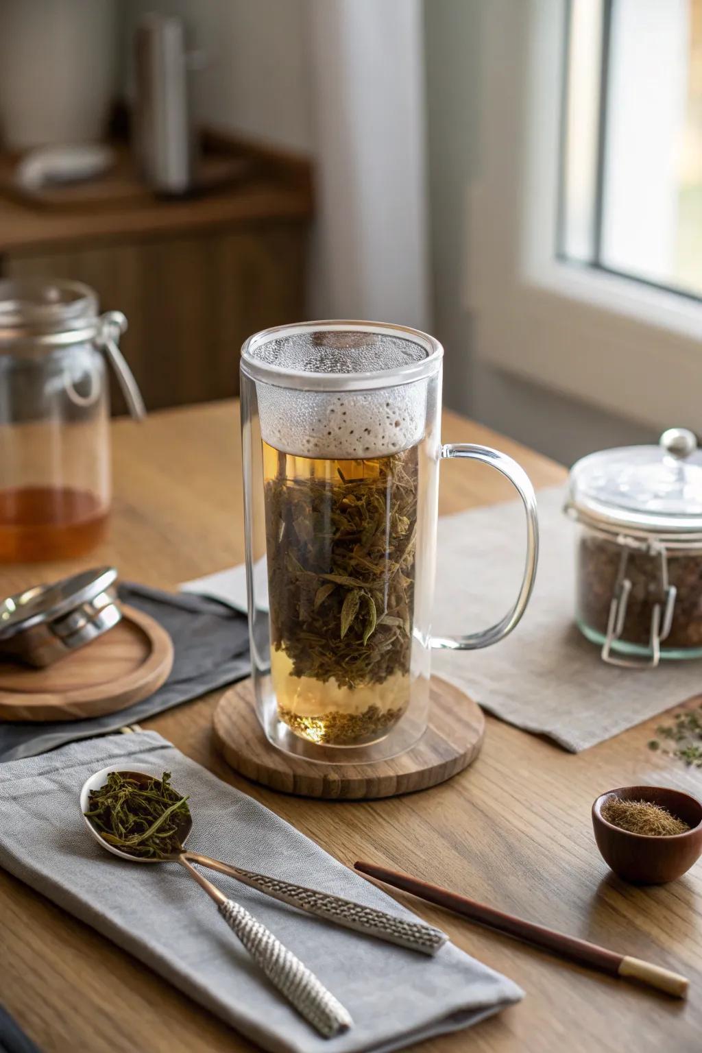 A tea infuser mug elevates her tea-brewing experience.