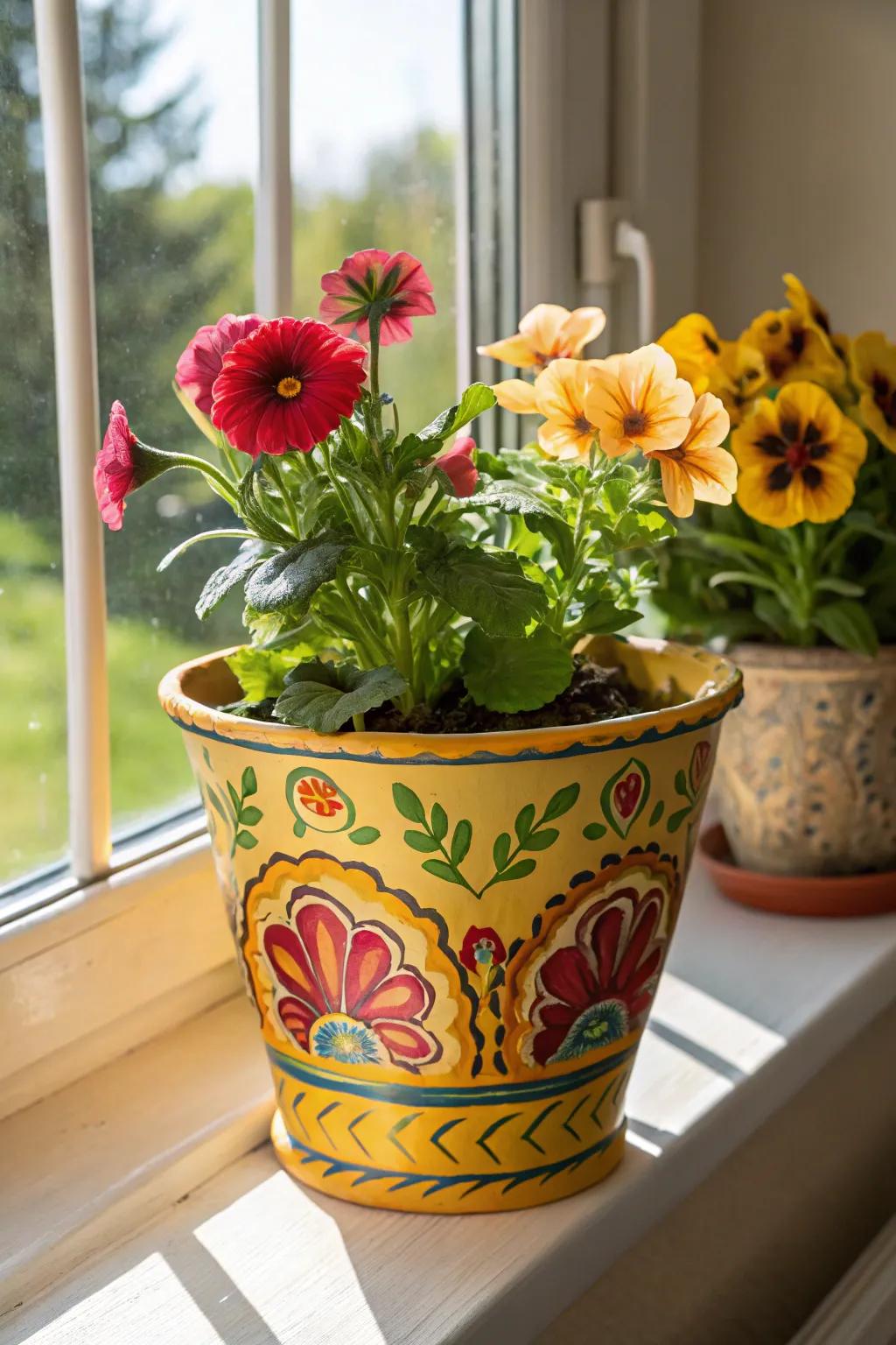 A hand-painted flower pot adds color and charm to any setting.