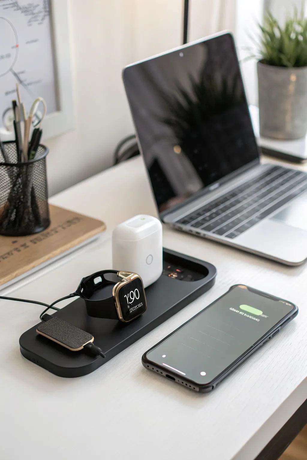 A wireless charging station keeps devices powered without the clutter.