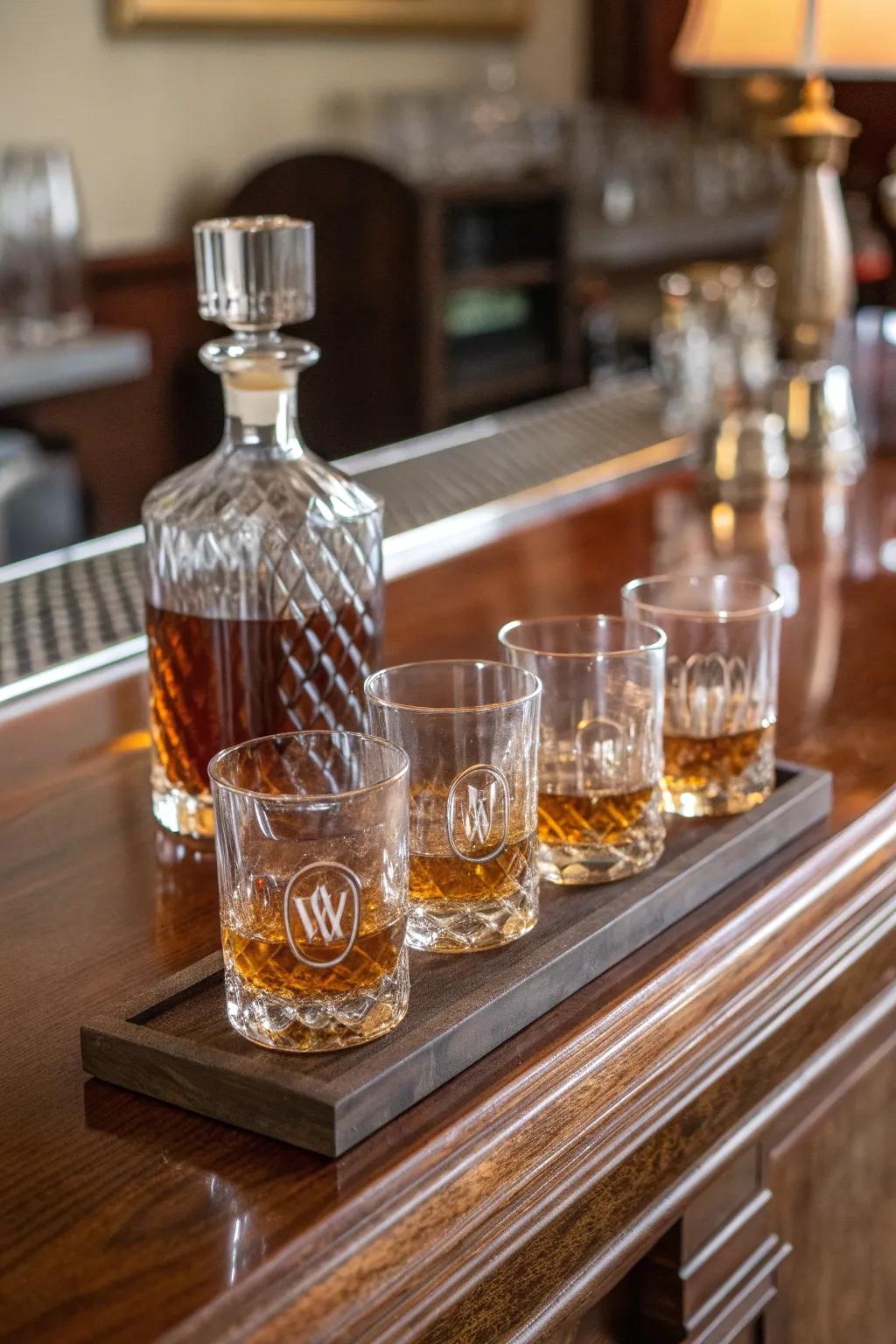 A personalized whiskey glass set adds elegance to his favorite drink.