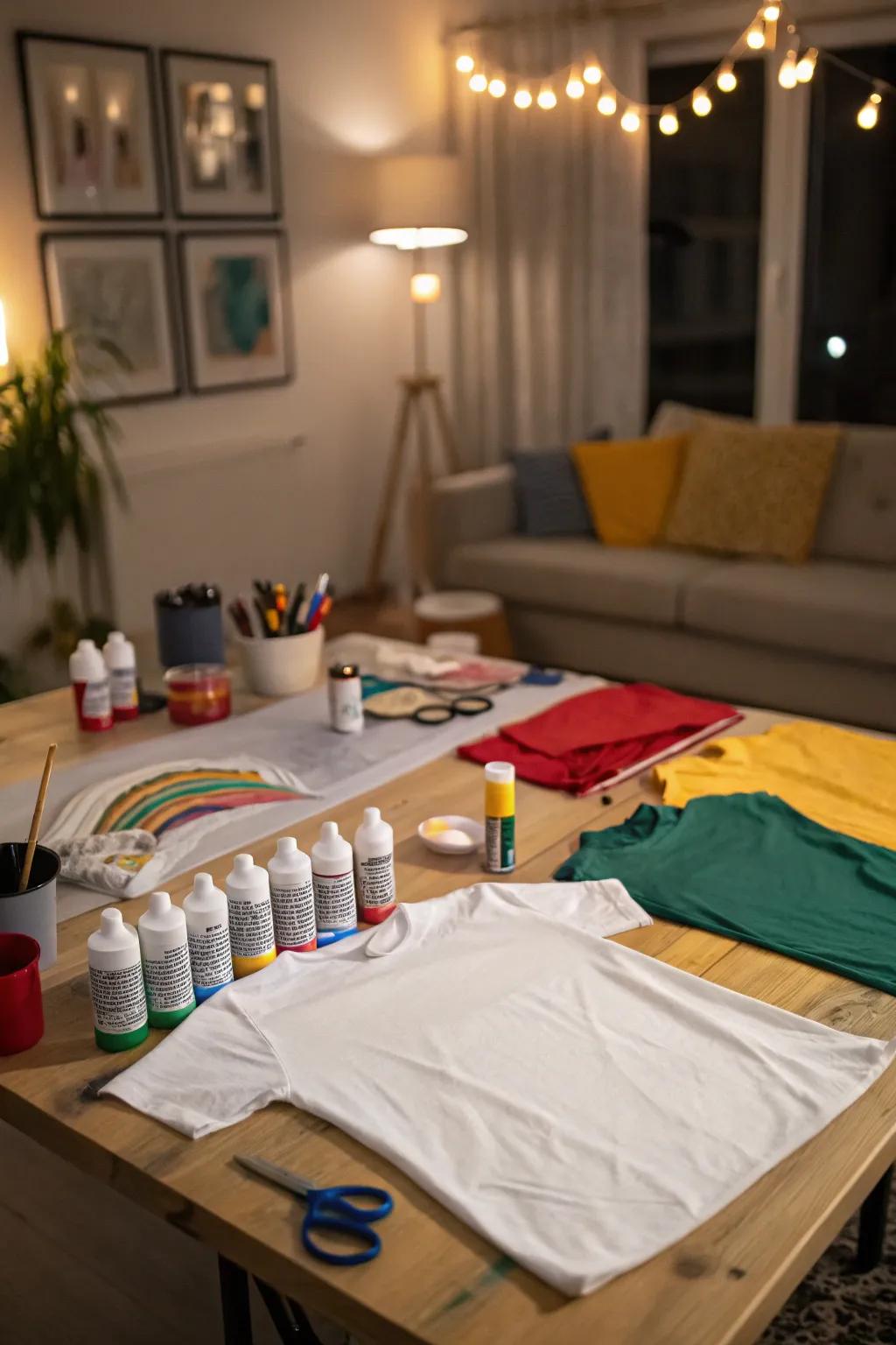 A creative t-shirt painting station for unique birthday creations.