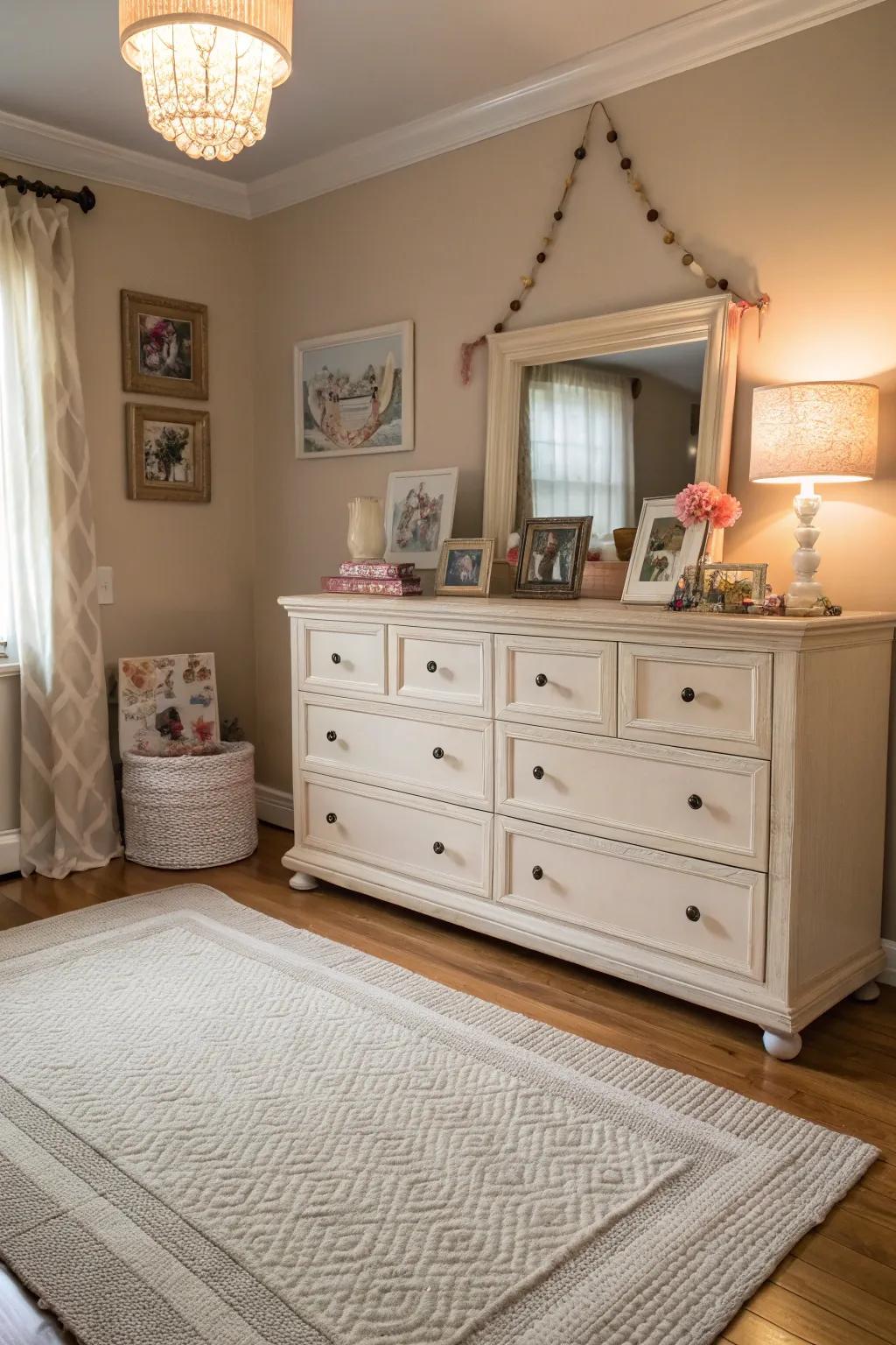 A girl's bedroom featuring timeless decor like a classic dresser and neutral area rug.