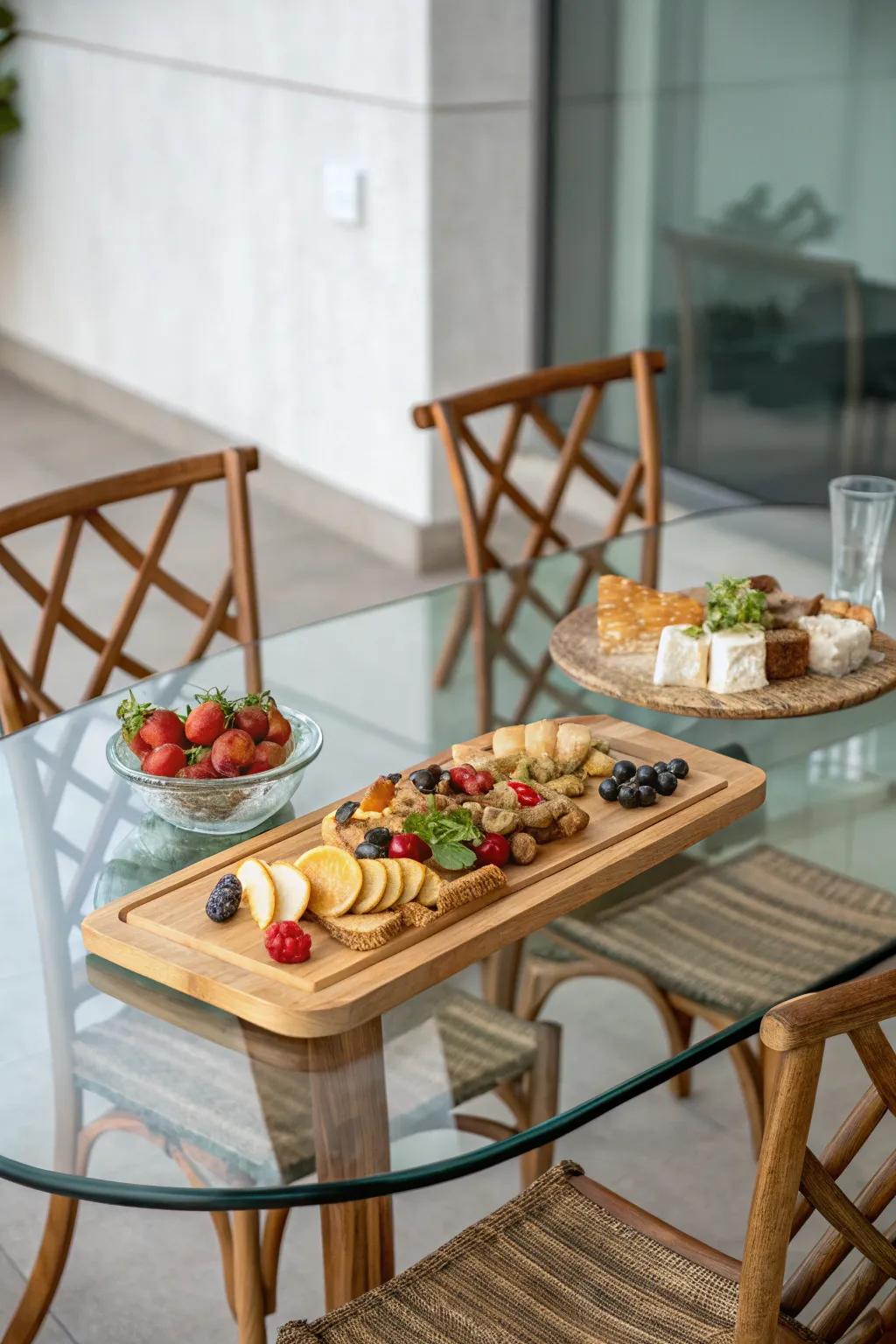 Wood elements adding rustic charm to a glass dining table.