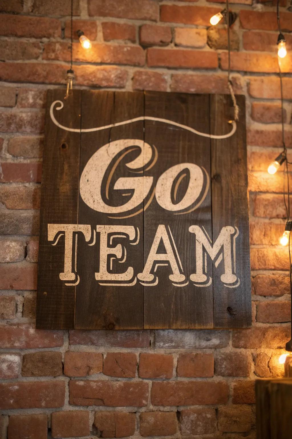 Embrace the charm of yesteryears with this vintage-inspired 'Go Team' sign, where timeless craftsmanship meets classic design.