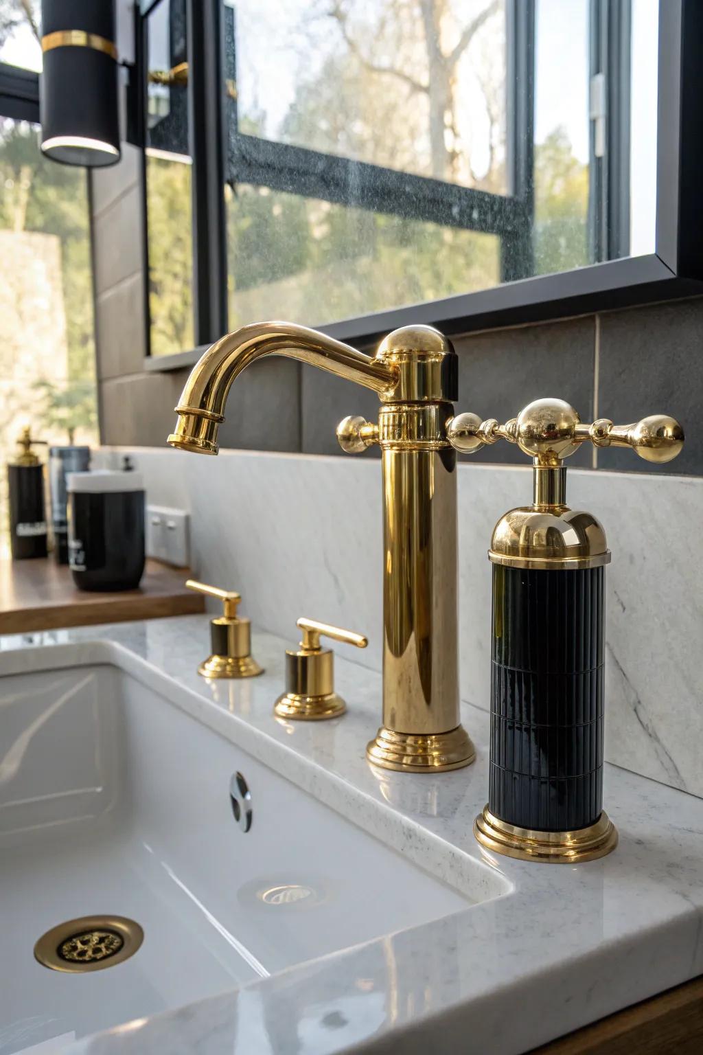 A dynamic bathroom with mixed metal fixtures.