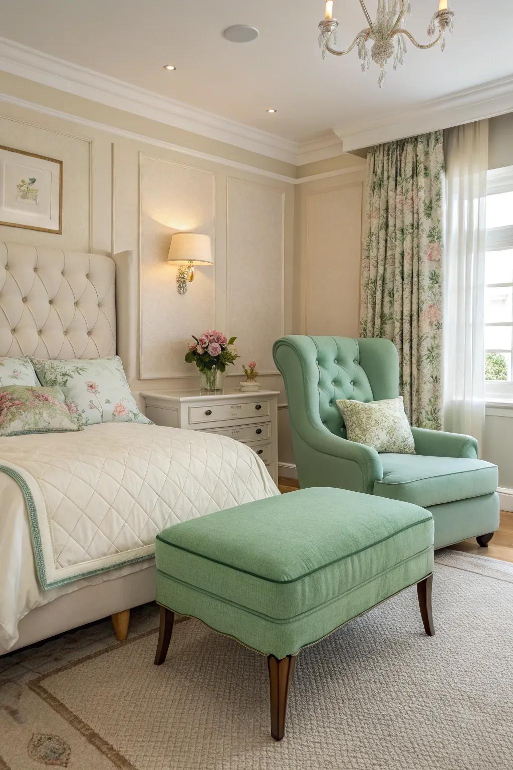 Green upholstered furniture makes a bold statement in the bedroom.