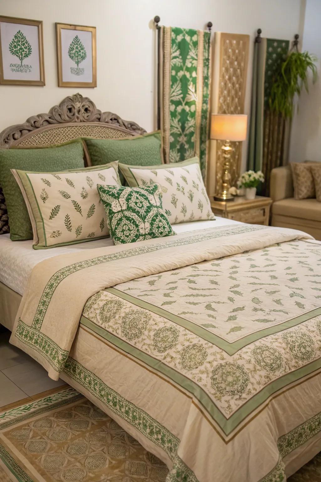 Tan and green bedding create a cohesive and inviting look.