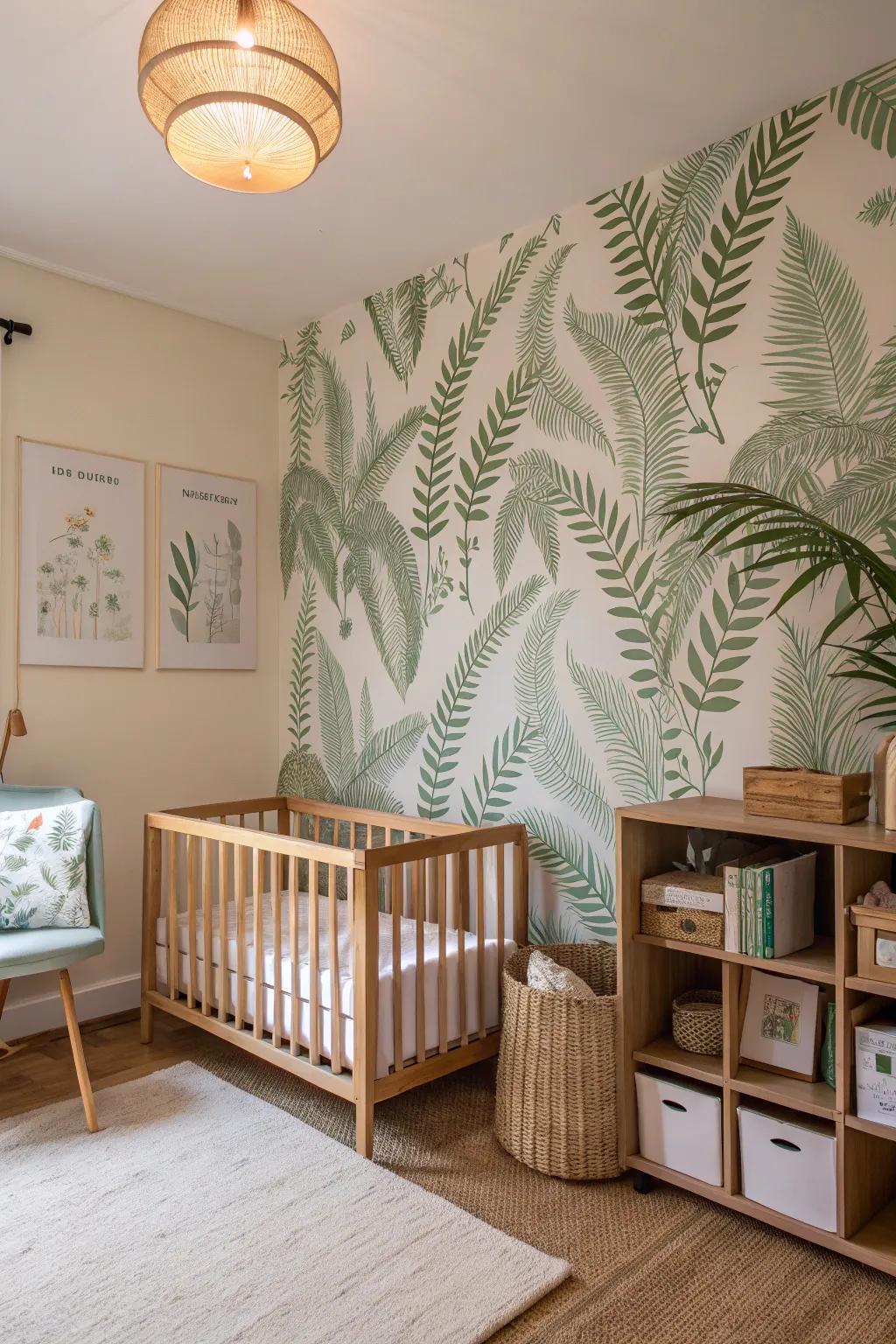 A vibrant nursery with frond wallpaper as the main feature.