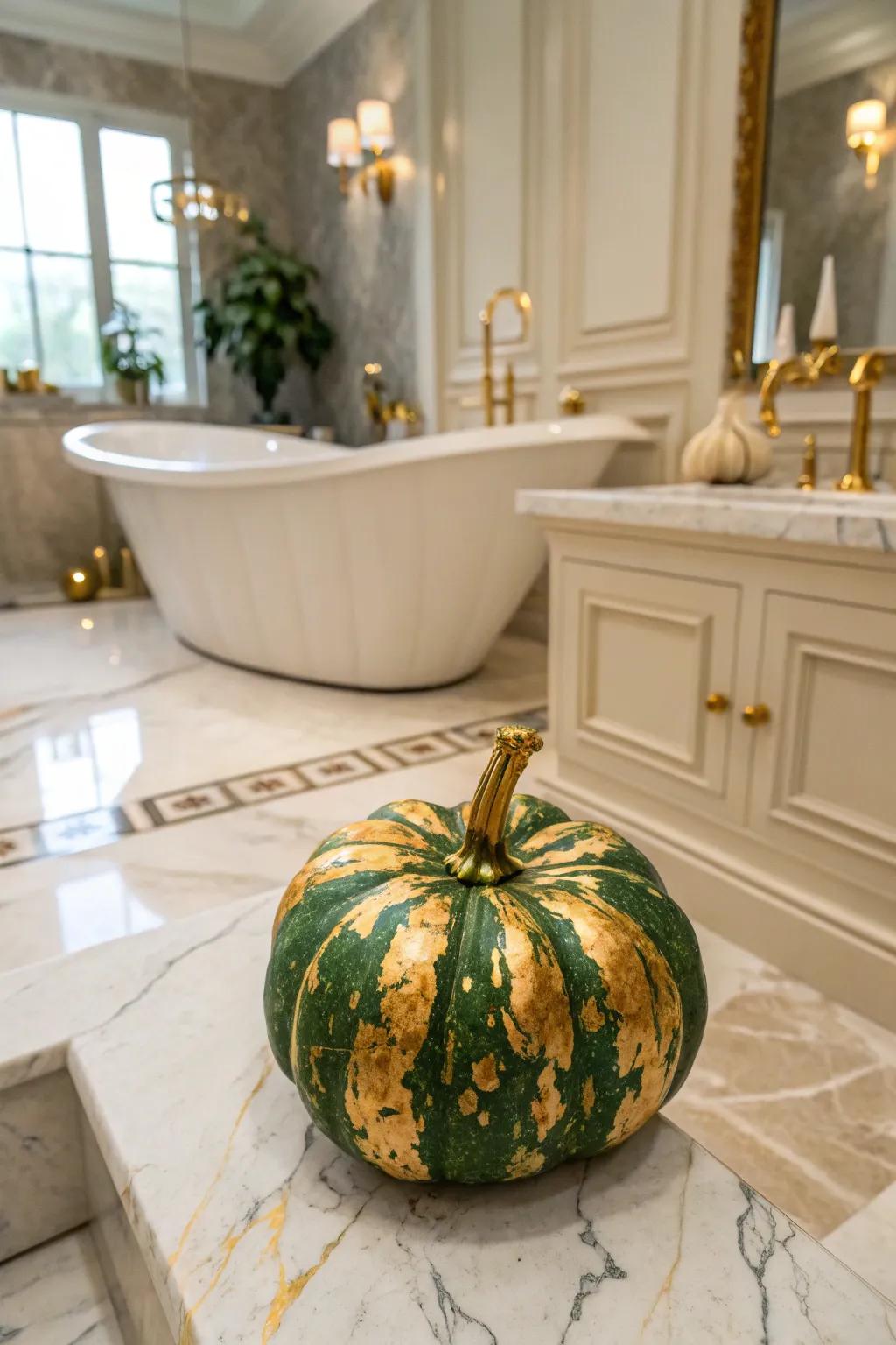 Elegant green and gold marbled pumpkin as a bathroom decor statement.