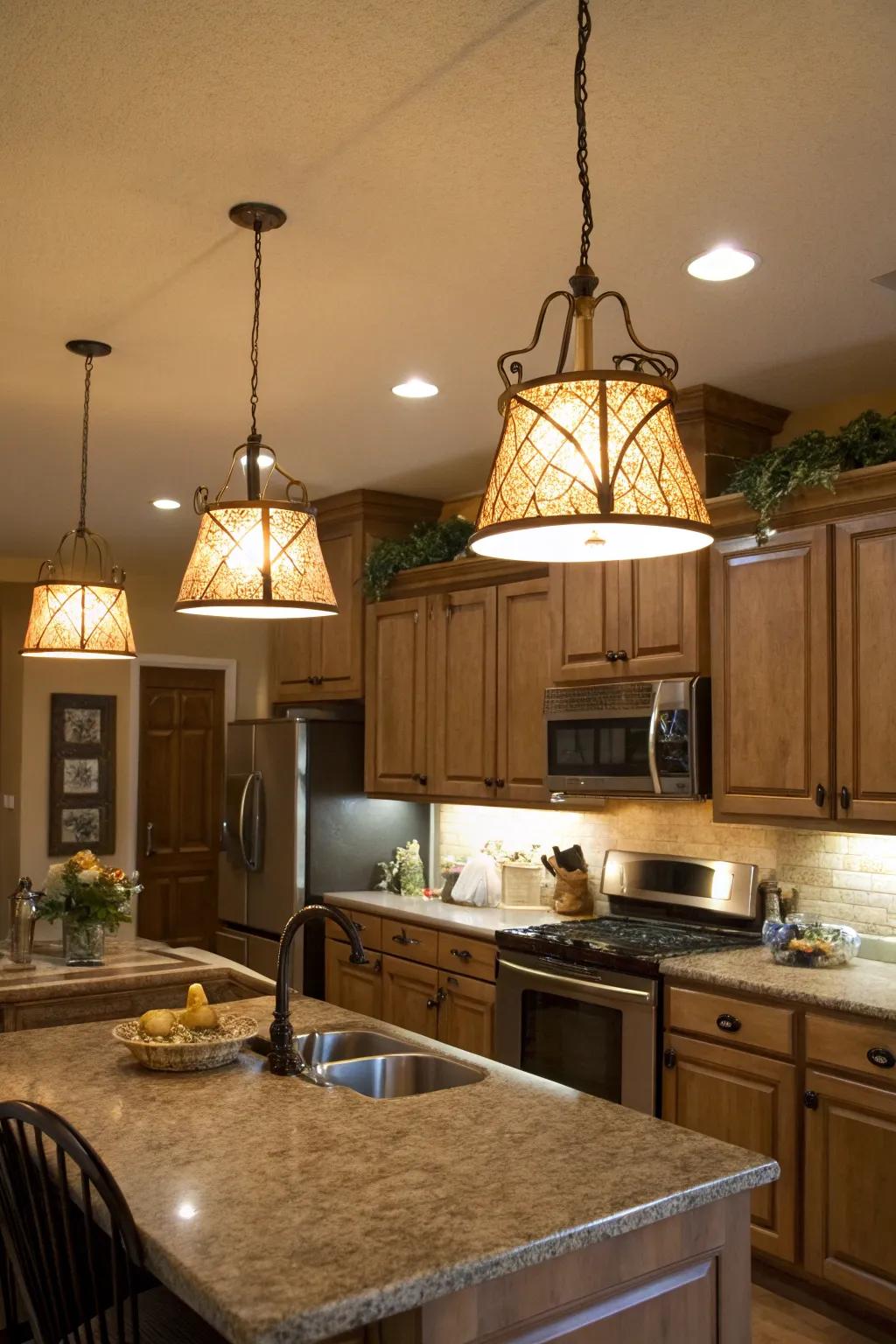 Beige lighting fixtures add an inviting warmth to the kitchen.