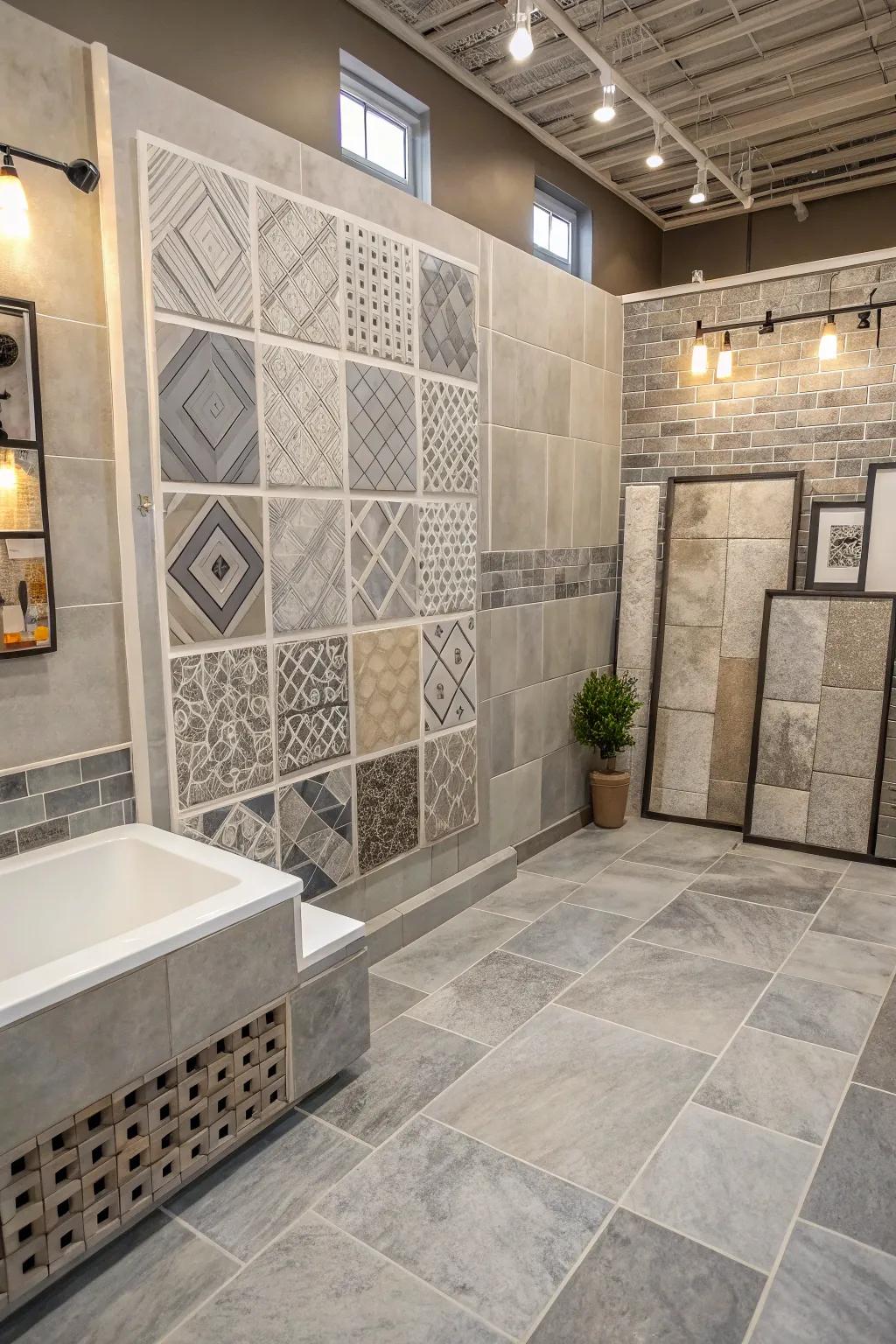 Varied tile styles and sizes in gray create a subtle, textured bathroom design.