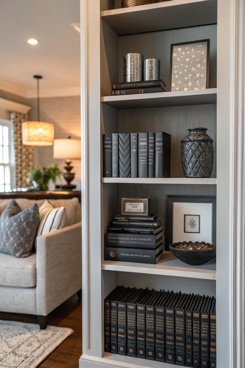 A stylish bookshelf with black and grey elements.