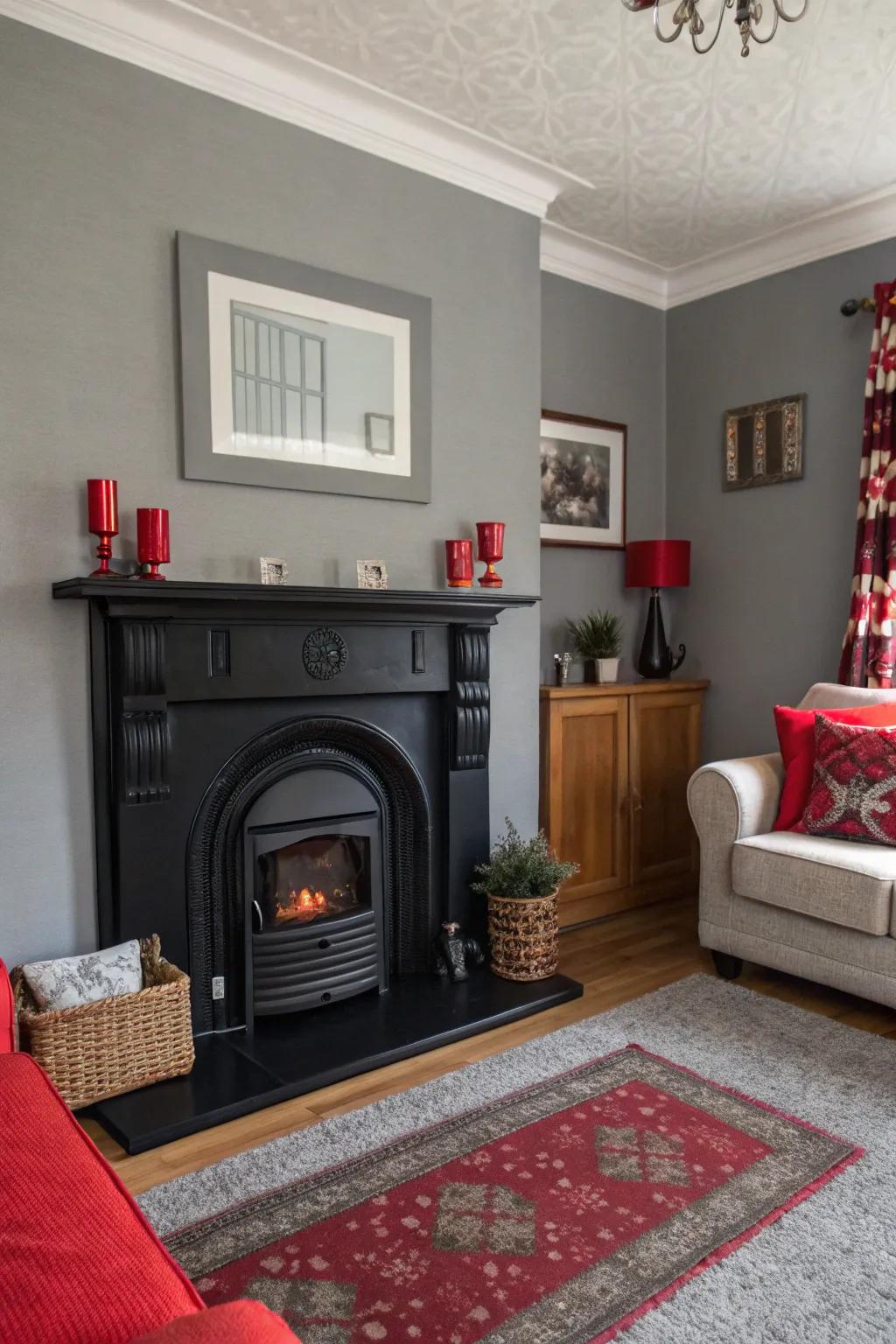 A black fireplace serves as a dramatic focal point in this living room.