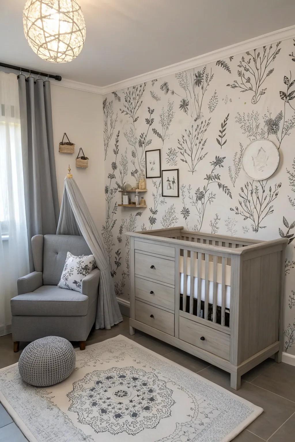 Monochrome floral elements add elegance to a grey nursery.