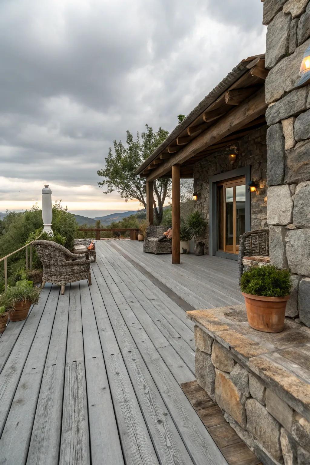 A grey deck paired with natural stone for a rustic, charming feel.