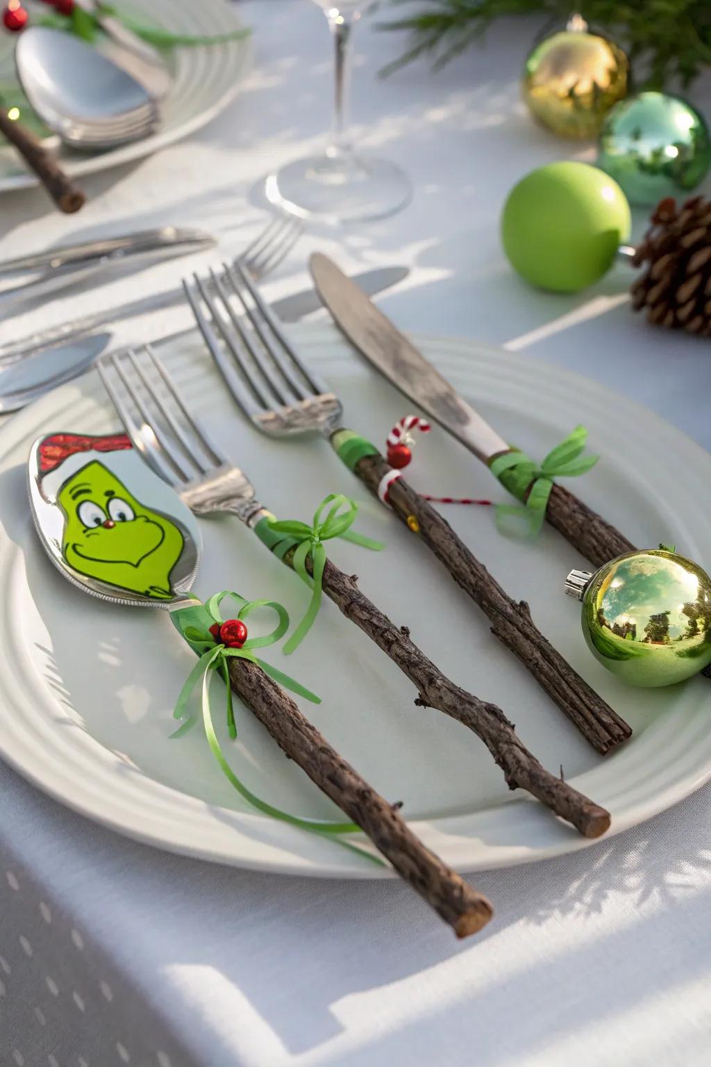 Twig-inspired flatware adding rustic charm to the Grinch-themed table.