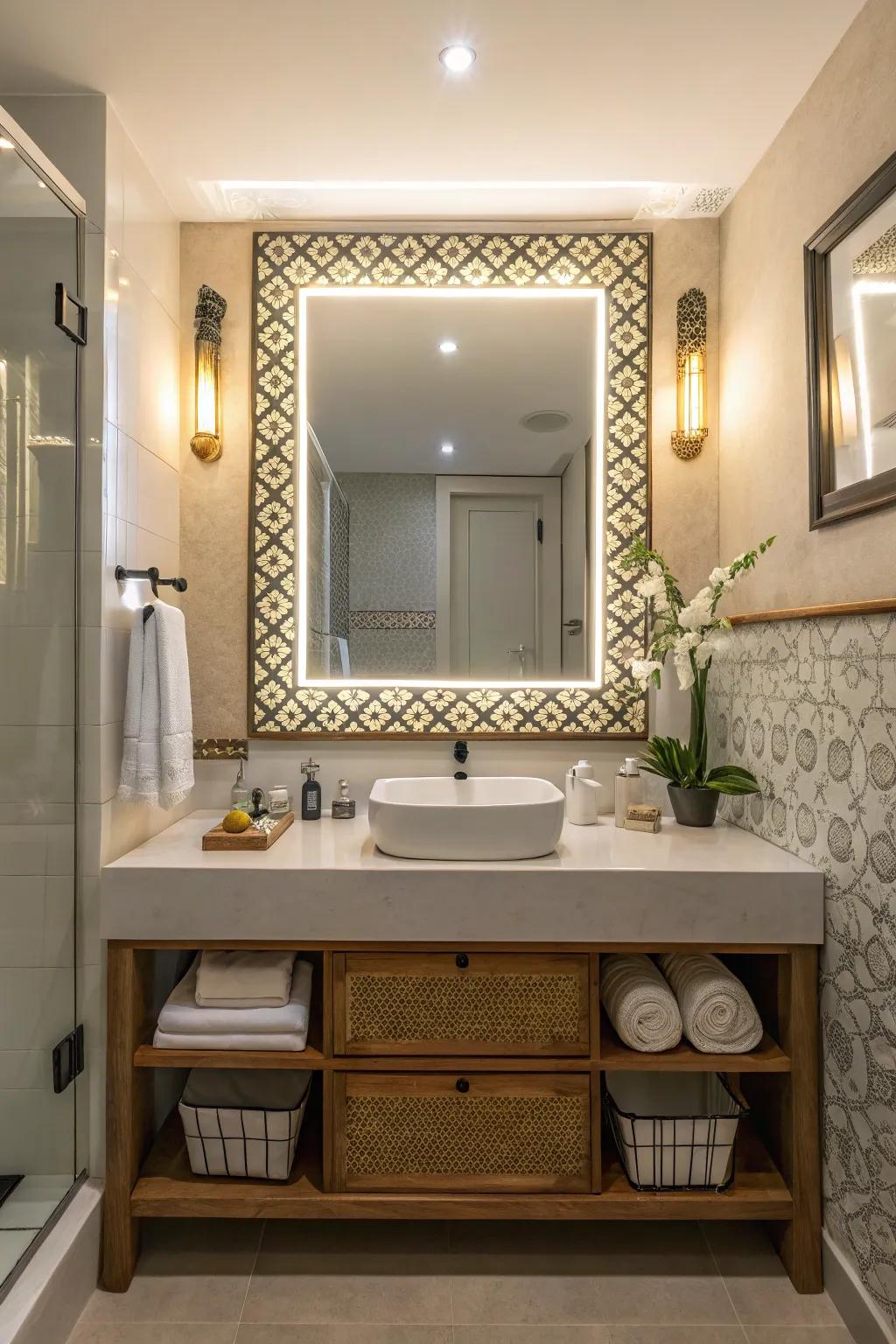 A lighted mirror enhances functionality and style.