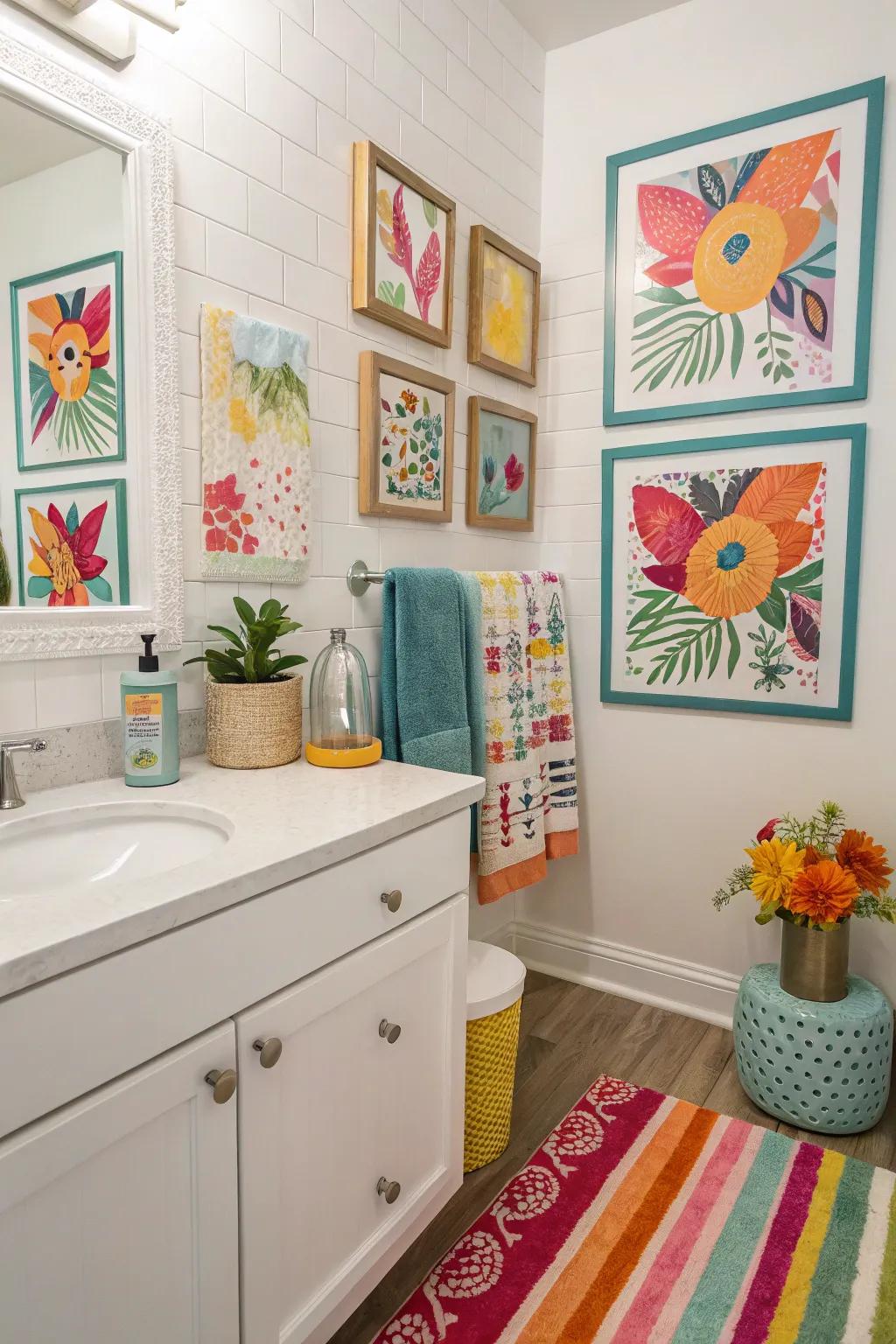 Art adds personality and color to this guest bathroom.