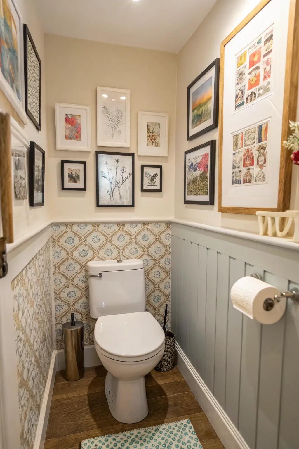 Art adds a personal and stylish touch to this guest toilet.