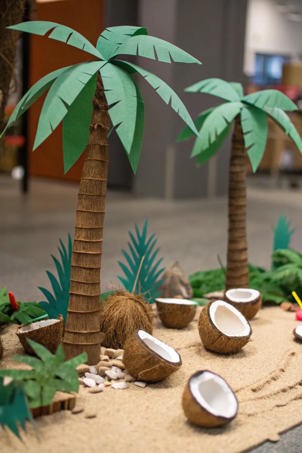 A vibrant tropical habitat diorama with palm trees and wildlife.