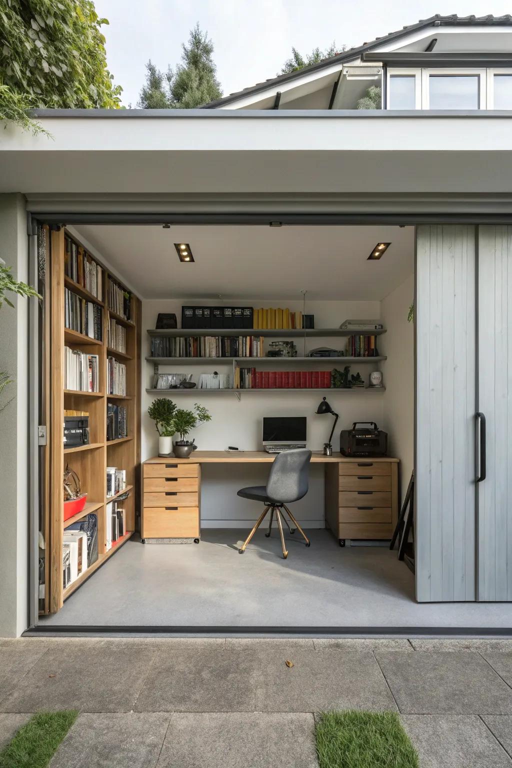 Create distinct zones with stylish dividers in your garage office.