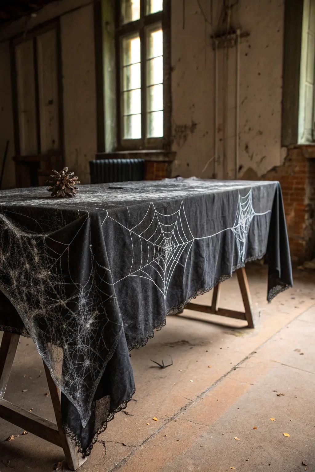 A tattered tablecloth and spiderwebs set the scene for Halloween.