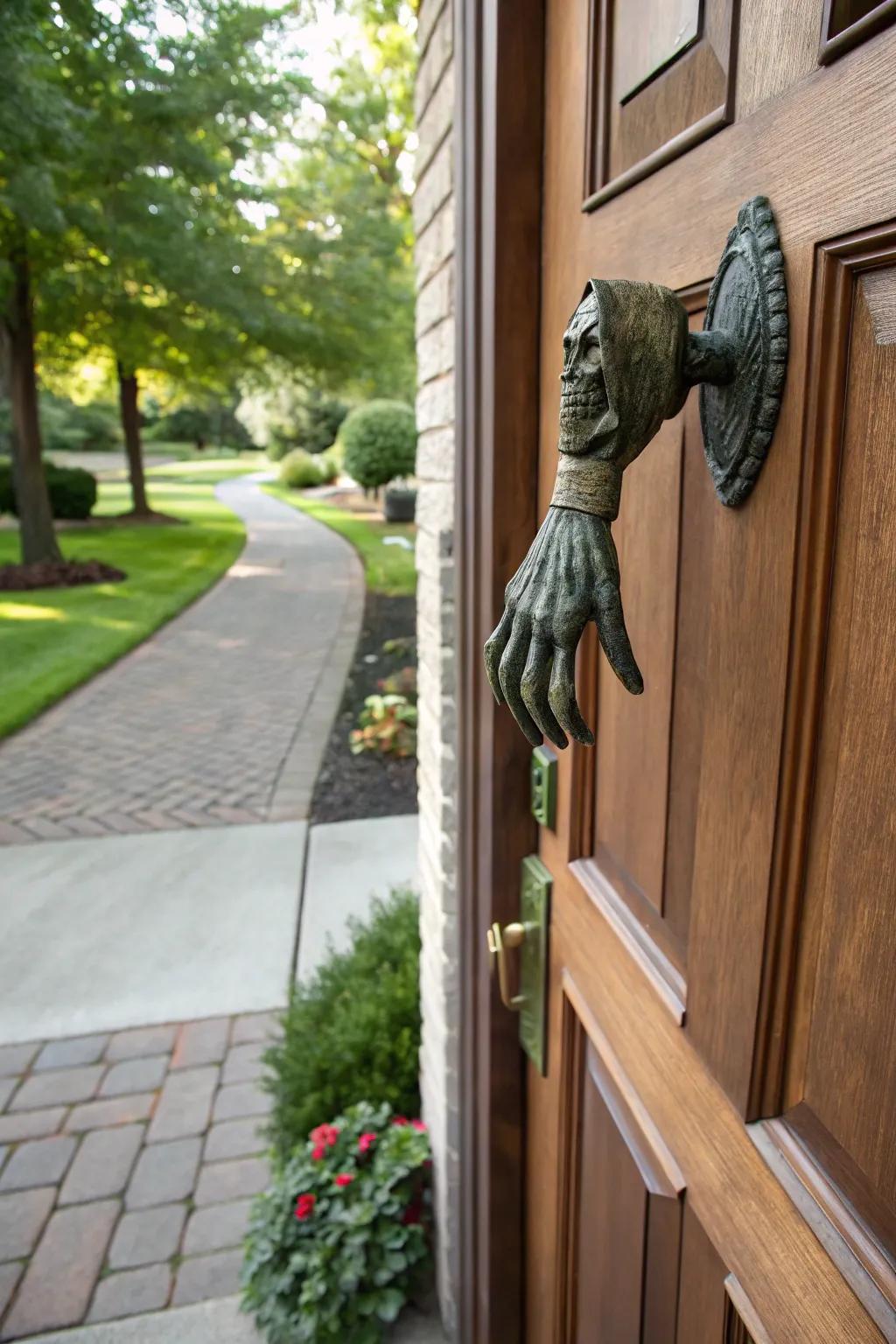 A zombie hand knocker is a spooky twist on traditional door decor.