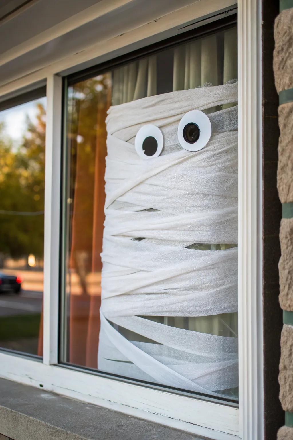 Mummy-wrapped windows add a playful touch to Halloween decor.