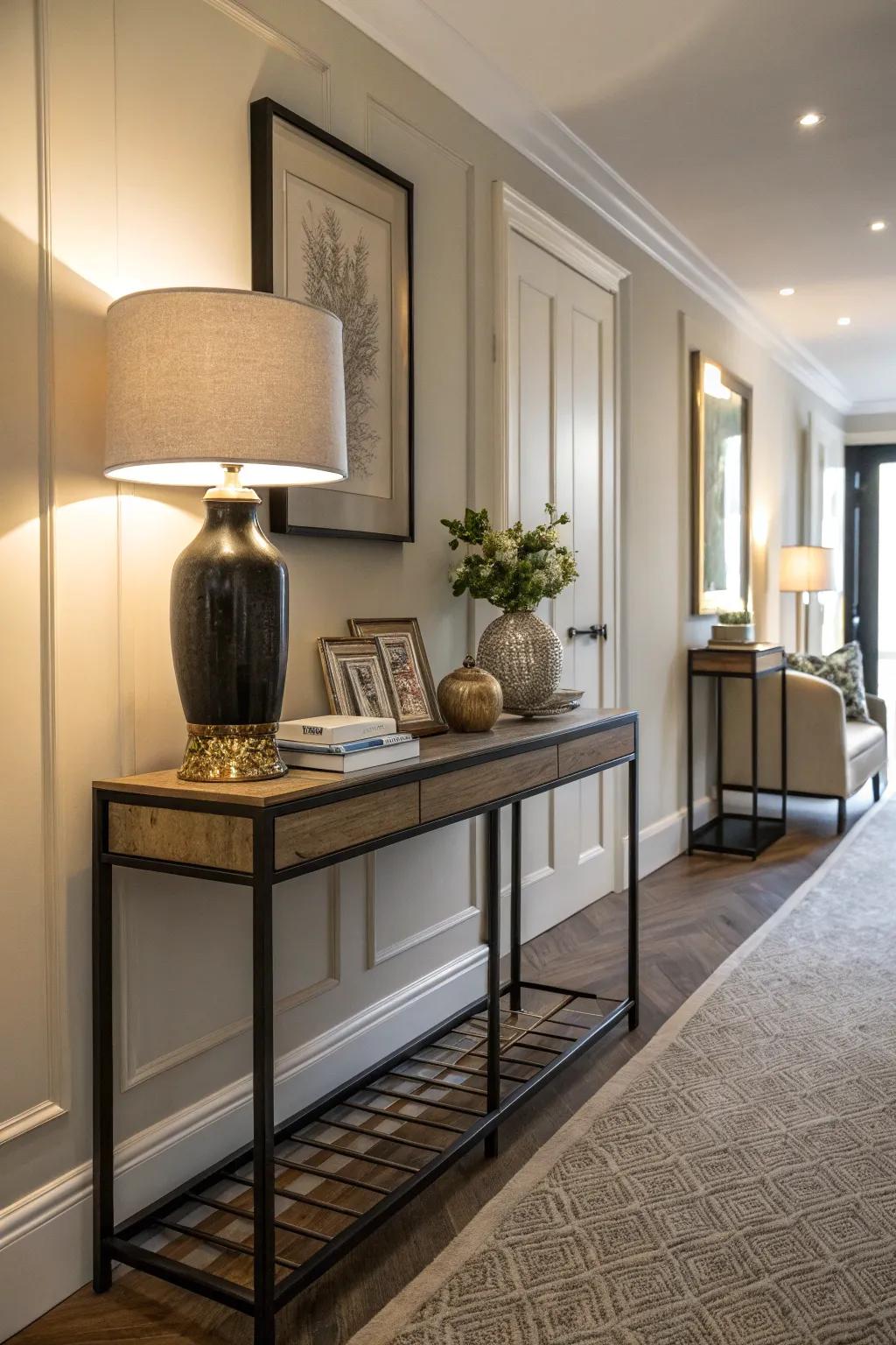 A slim console table adds both functionality and style to the hallway.