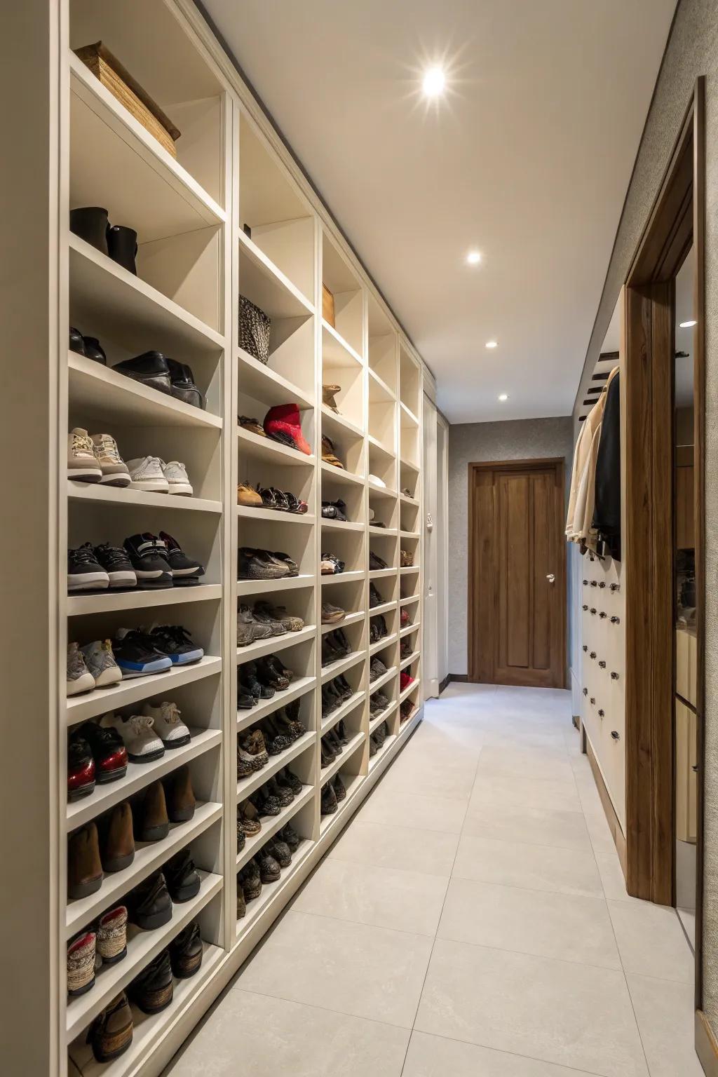 High shelves keep shoes accessible yet out of the way.