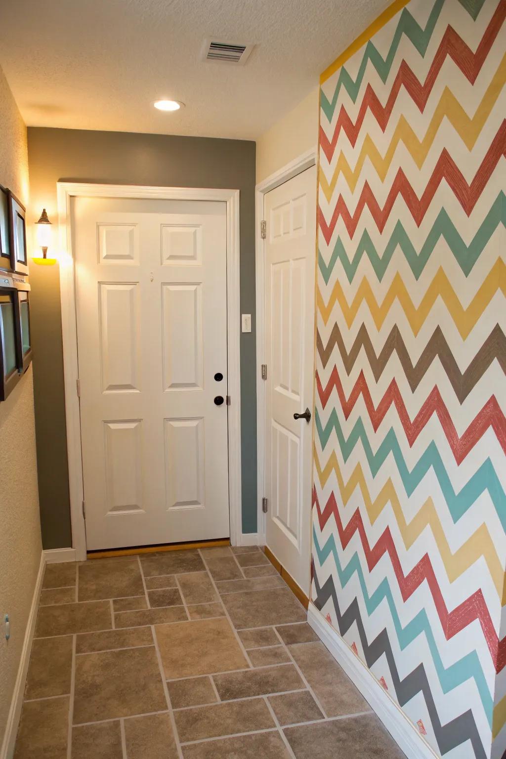 Chevron patterns add dynamic flair to the welcoming entryway.