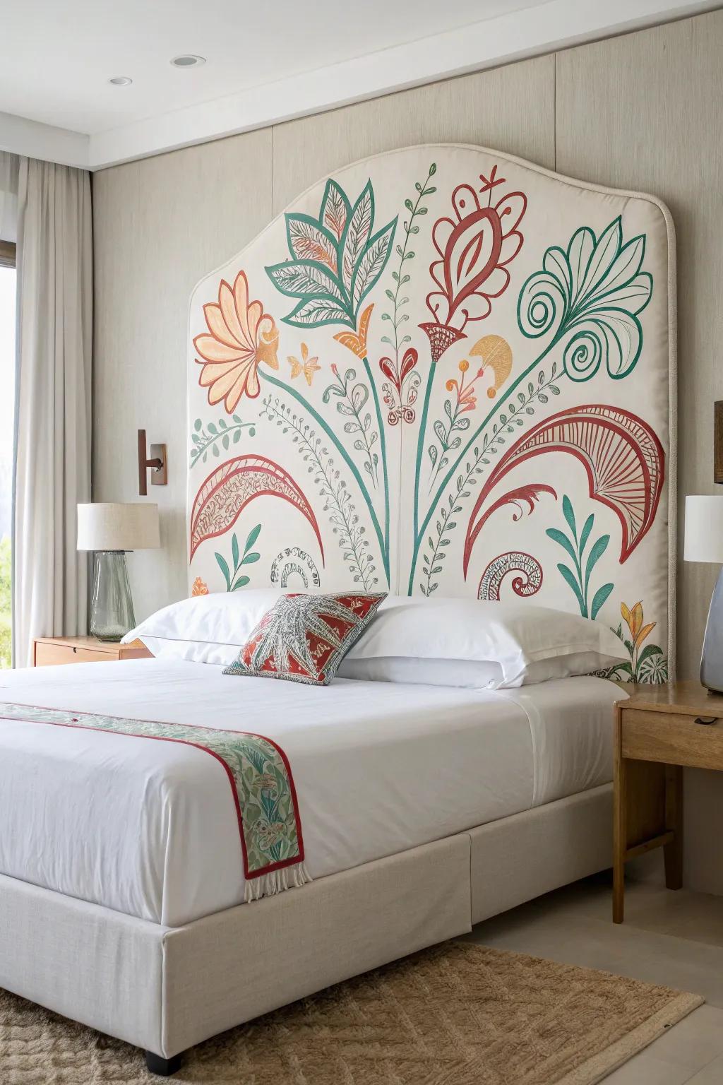 An artistic headboard transforms the bedroom into an artful retreat.