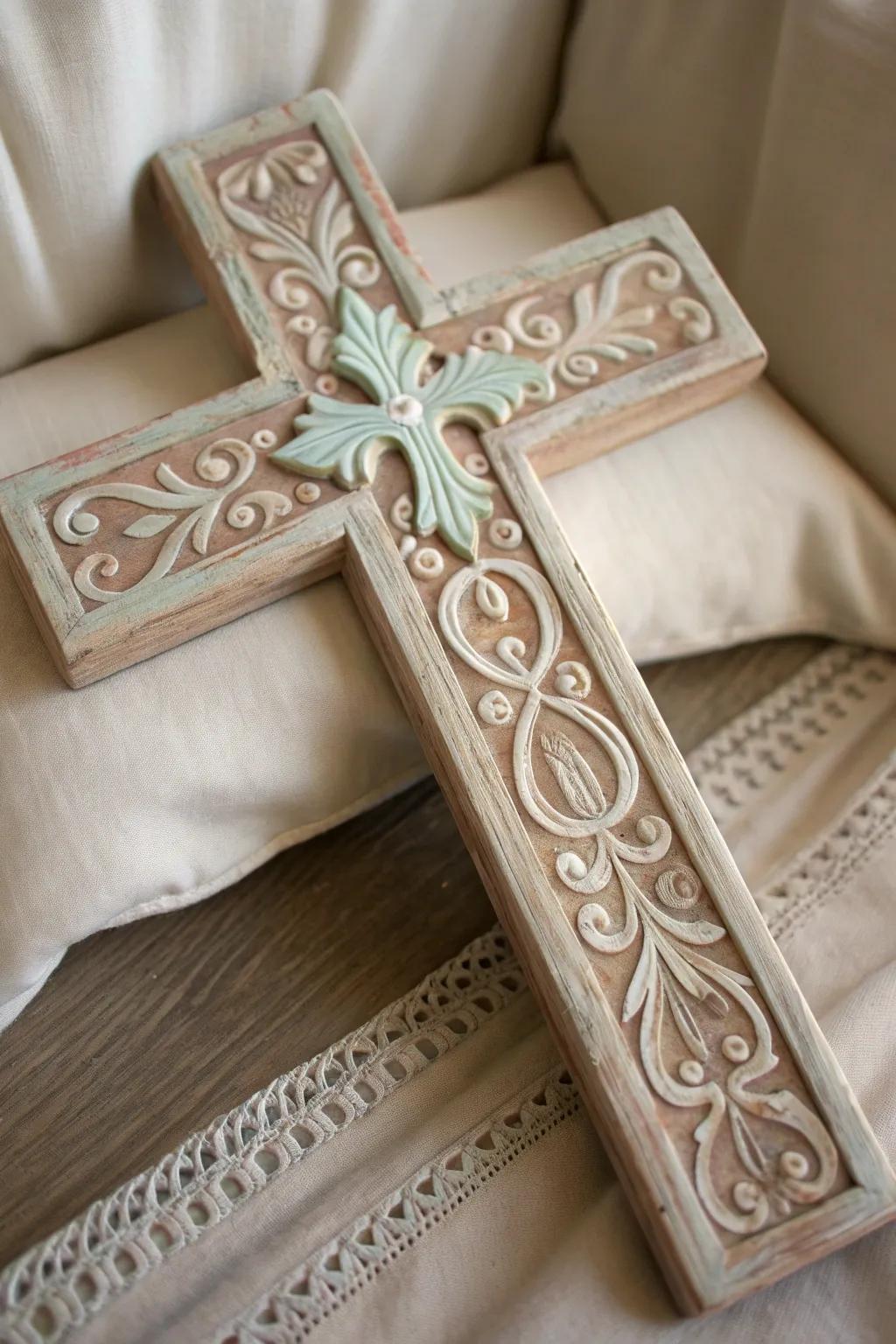 Discover the beauty in details with this intricately carved and hand-painted wooden cross. A perfect blend of craftsmanship and minimalist elegance.