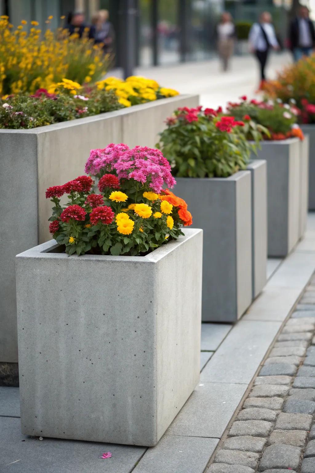 Concrete planters provide a modern, minimalist look.