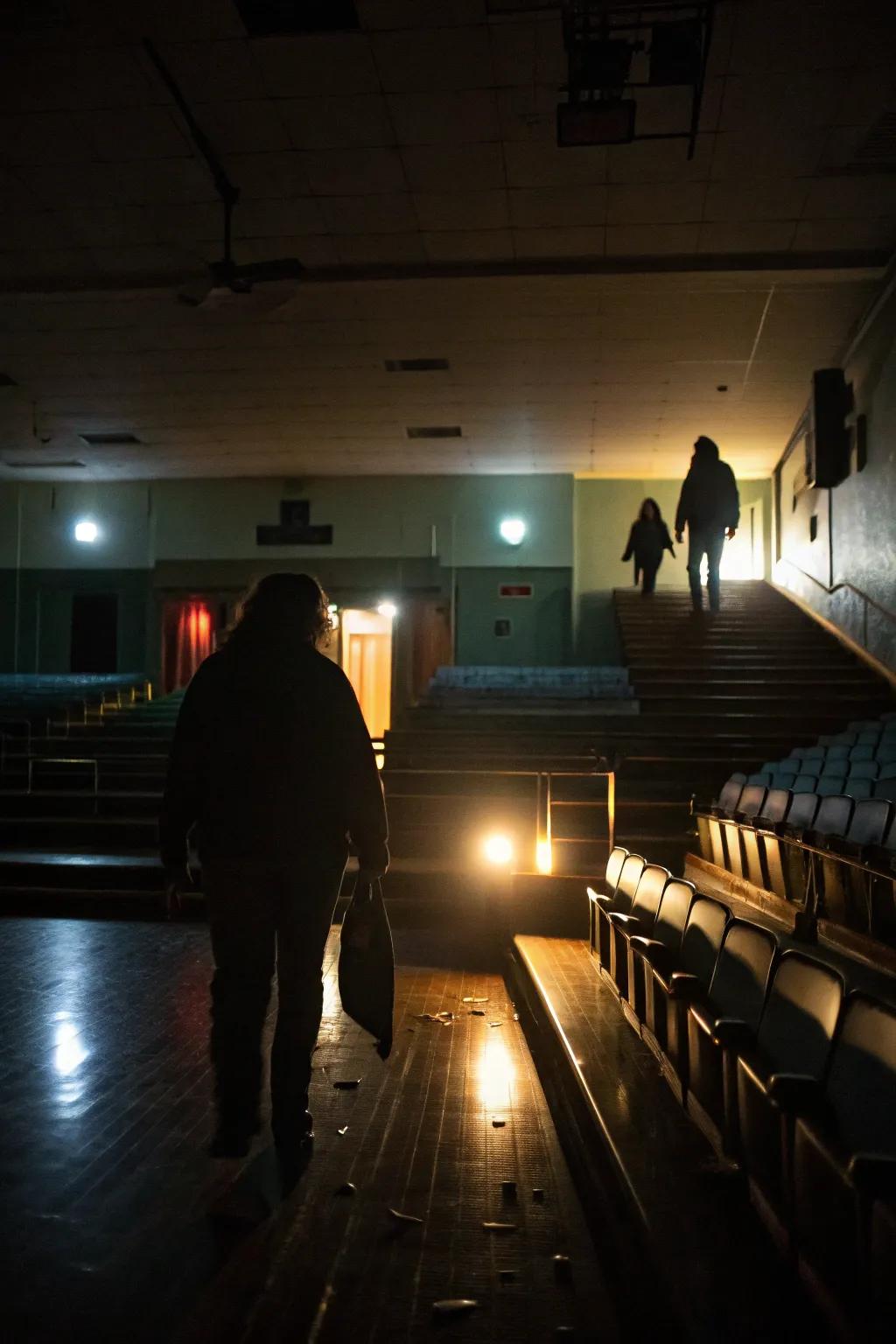 A shadowy auditorium with ghostly performers and eerie lighting.