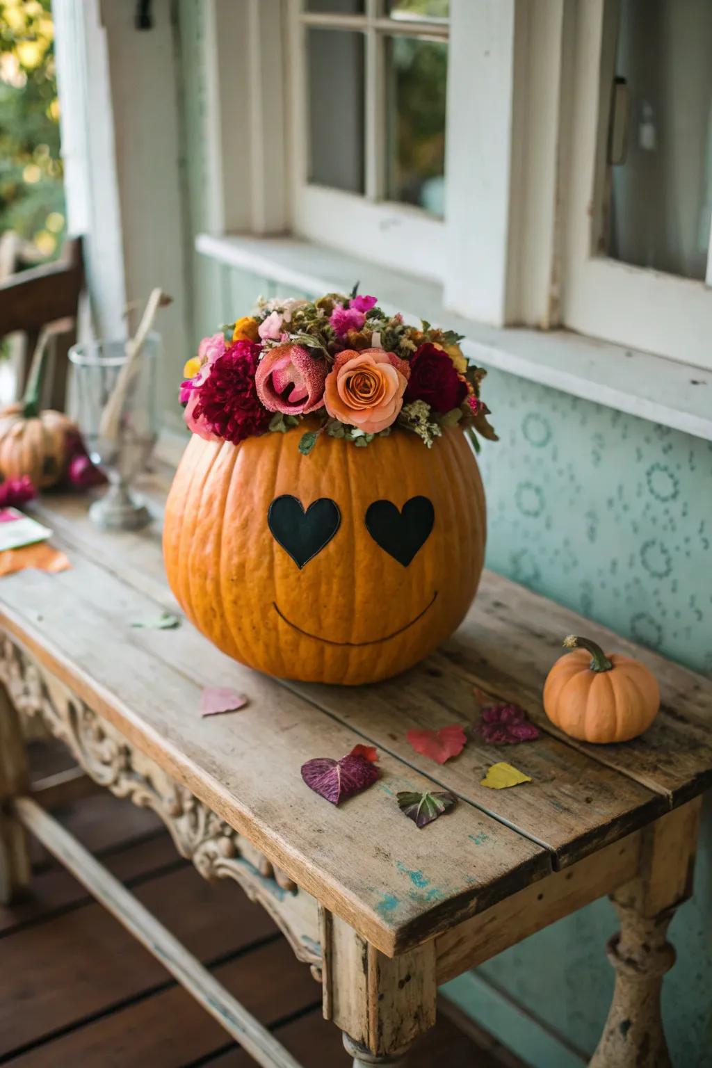 Boho Chic Heart Eyes Pumpkin with Floral Crown