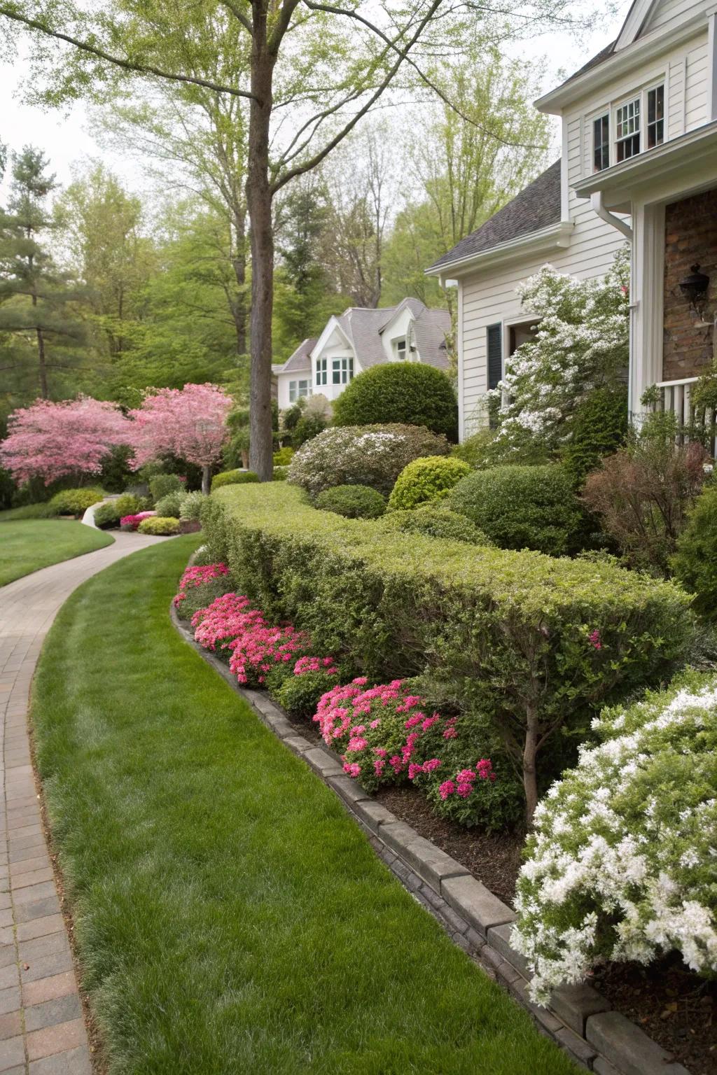 Elegant spirea hedges with fine foliage and bright blooms.