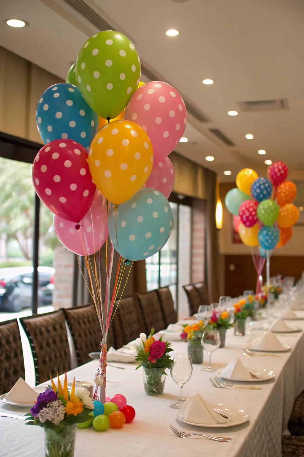 Vibrant helium balloon centerpieces for stylish table decor.