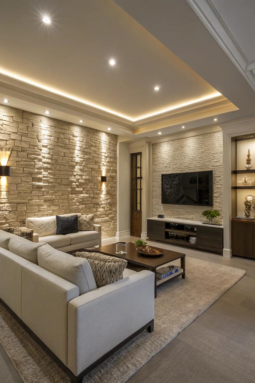 A modern living room with recessed wall lighting enhancing architectural details.