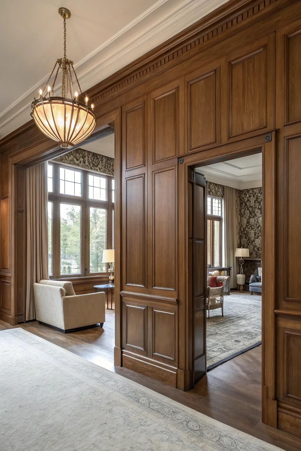 A hidden pocket door seamlessly integrated into wood paneling.